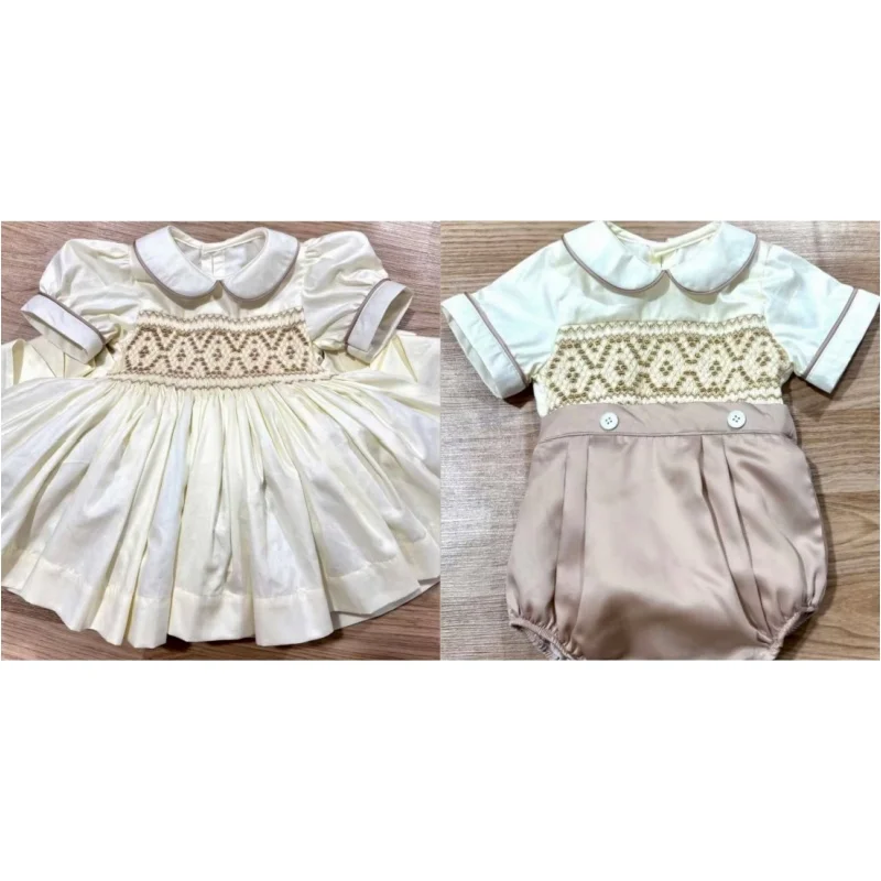 0-12Y Baby Girl Summer Beige Handmade Embroidery Smocked Dress Boy Suit for Birthday Photography Holiday Eid A291