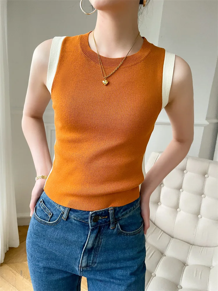 6961 Letnia francuska bluzka bez rękawów z okrągłym dekoltem, blokami kolorów, dopasowanym krojem, wysokim stanem i krótkim krojem dla kobiet