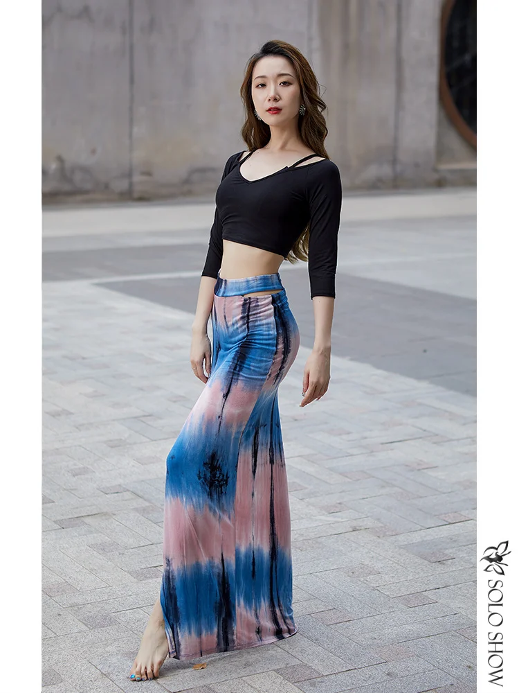 Conjunto E de Dança do Ventre com Estampa de Leopardo, Saia Longa e Top de Manga Média para Exercícios de Dança e Fitn...