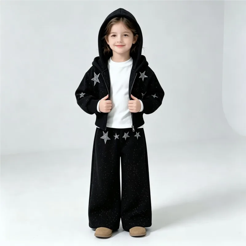 Fashion Baby Girl Thick Hooded Jacket+Pant 2pcs Toddler Teens Child Warm Tracksuit Shinning Star Clothes Set Baby Clothes 3-14Y