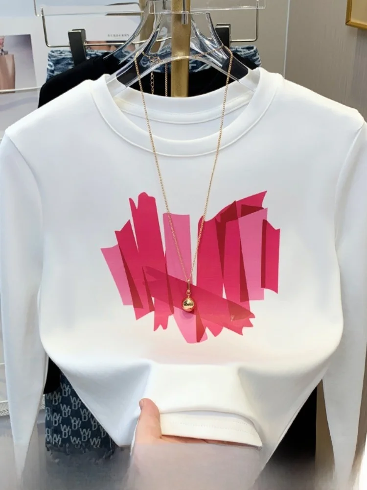 White Long Sve Printed Heart Women's Base irt Inner Wear T-irt Korean Sle Commute Faion Pure Cotton  Knot
