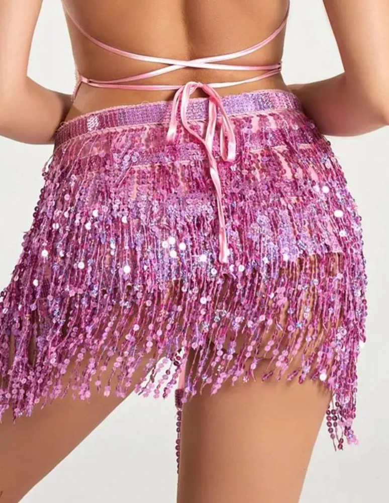 Damen Pailletten-Quasten-Bauchtanzrock Glänzende Perlen Taillenkette Saumrock Bohemian Taillenrock Gürtel – Detail 17