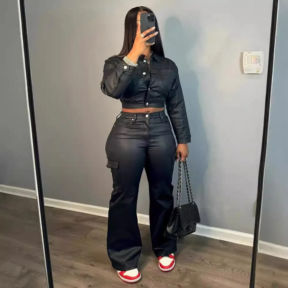 

Комплект из двух предметов, женский костюм из искусственной кожи, расклешенные брюки, блейзер, укороченный топ, байкерский кардиган, куртка, комплект из 2 предметов, ночная одежда, ночной клуб