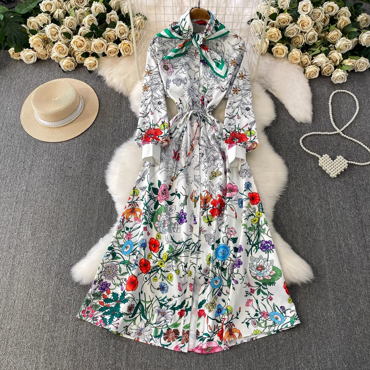 Women Spring Summer Vestidos Runway Stand Scarf Floral Print Drawstring Waist Wrap Retro Ethnic Style Fake Big Swing Dress