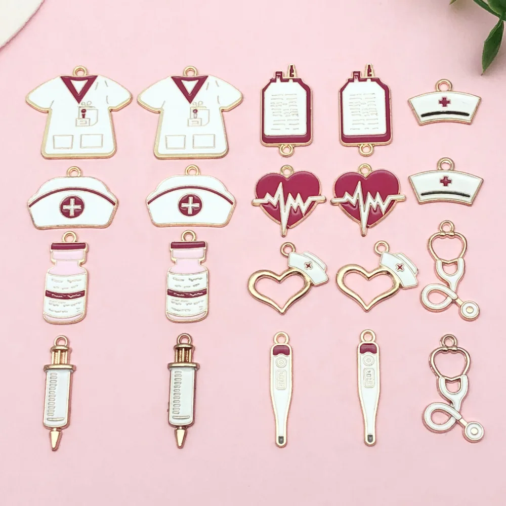 10pcs Enamel Nurse Uniform Syringe Thermometer Medical Pendant Keychain Bag Phone Gift Charms DIY Jewelry Making Accessories