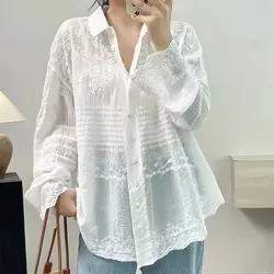 Boho Lace Patchwork Blouse Long Sleeve Cotton Embroidery White Shirt Women Elegant Holiday Tops Female Casual Work Blouses