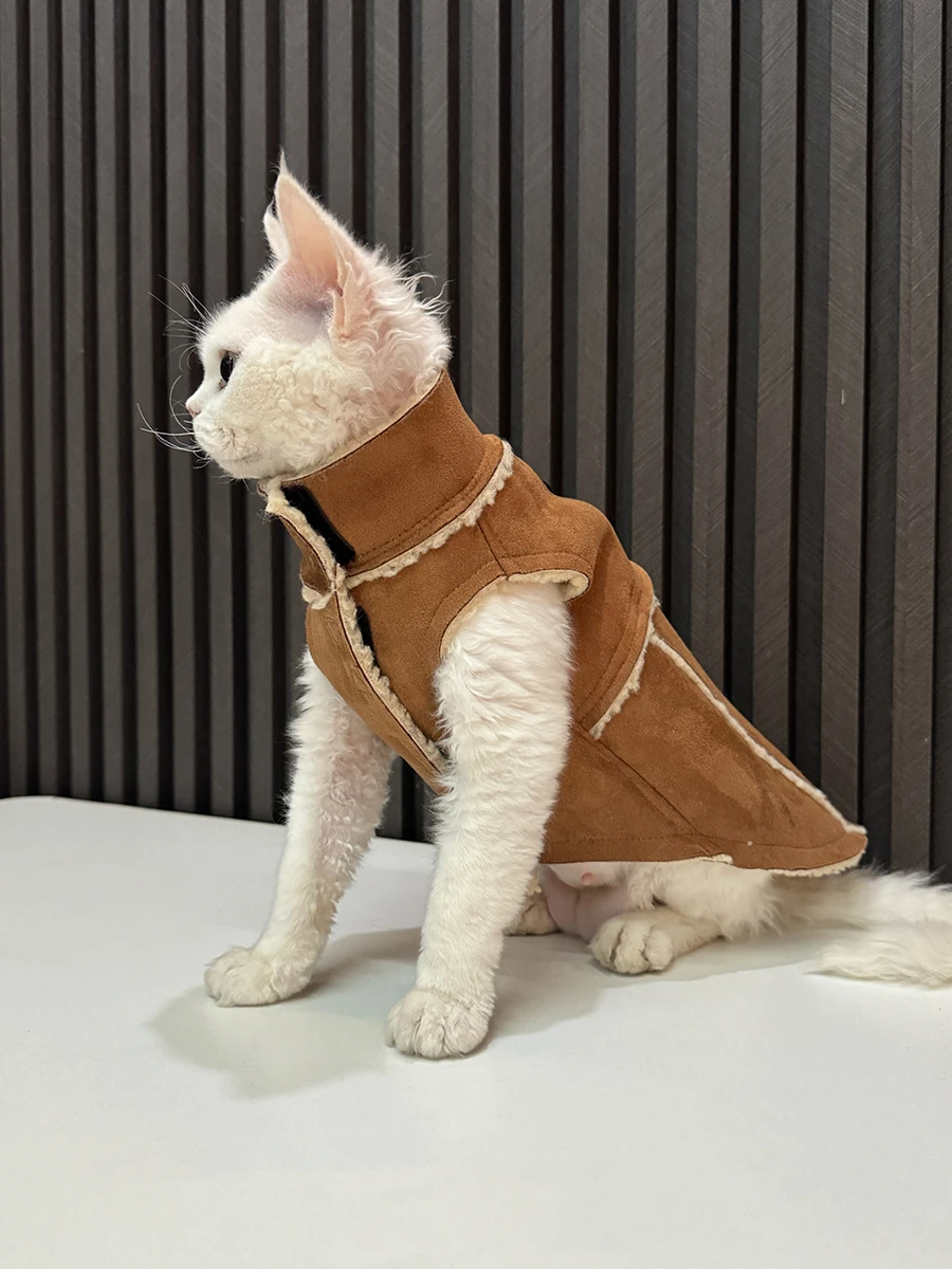 Suede Fabric Jacket for Sphynx Cat Hairless Cat Clothes Brown Winter Turtle Neck Waistcoat Thickening Sweater for Devon Kittens