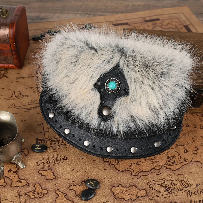 

﻿Medieval Retro Waist Bag Emerald Fur PU Leather Cosplay Prop Pouch Bag Renaissance Punk Travel Party Money Pocket Wallet Purse