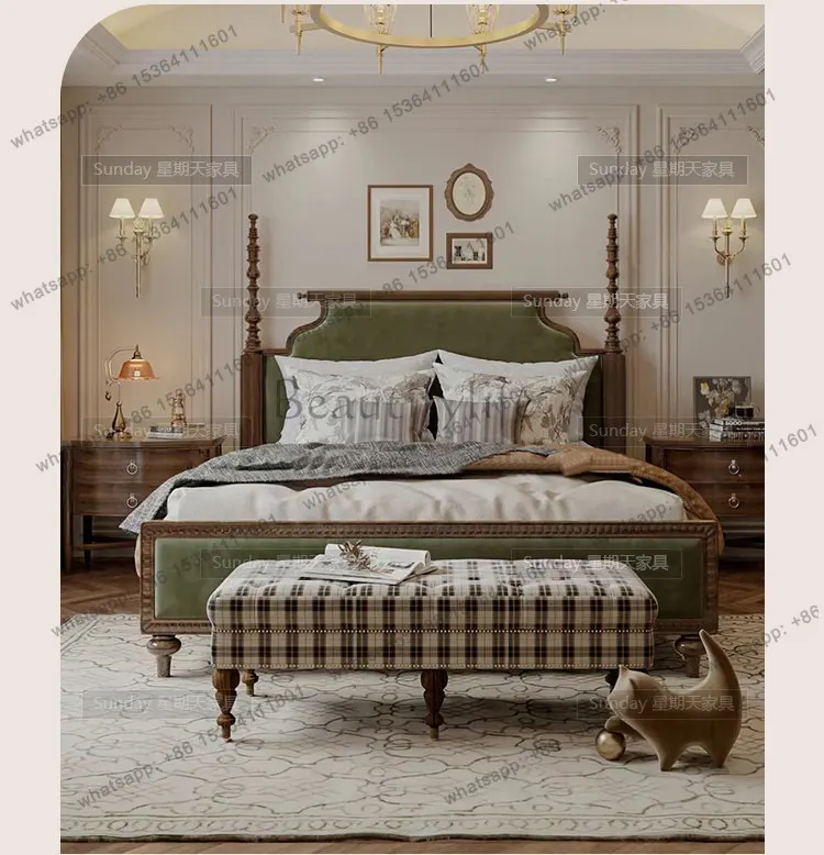 

French high-end solid wood carving flower bed soft bag Roman column master bedroom 1.8 meters wedding bed