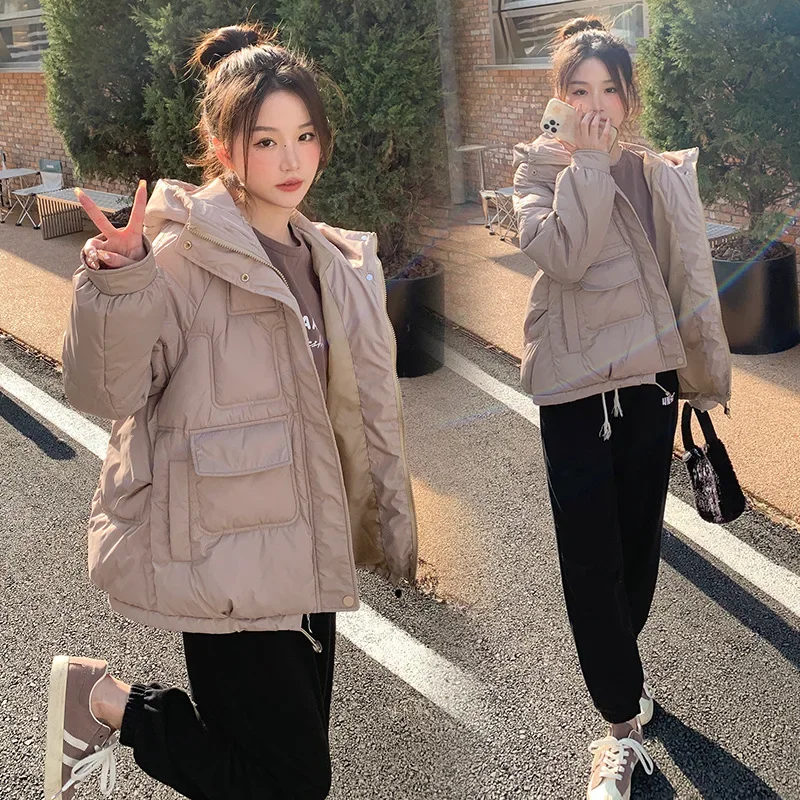 

Зимняя женская одежда свободного кроя, короткое укороченное пуховое хлопковое пальто, теплое женское пальто с вырезом и шнурком, дизайн с несколькими карманами