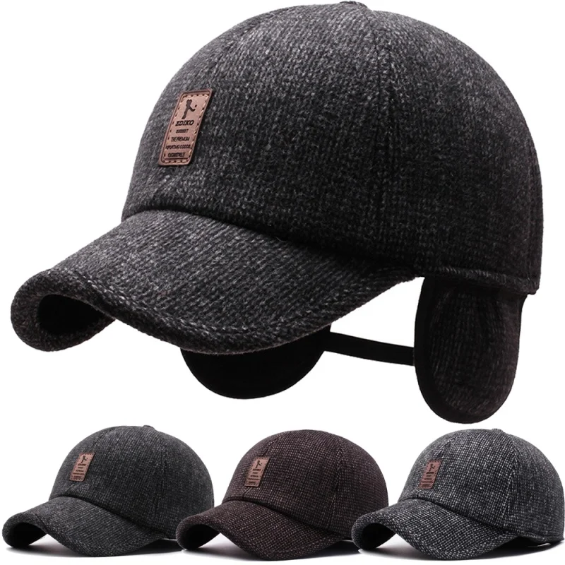 Men Autumn Winter Warm Cotton Woolen Golf Baseball Cap Outdoor Earflap Trucker Hat Middle-aged Dad Hat Ear Cover Design Warm Hat