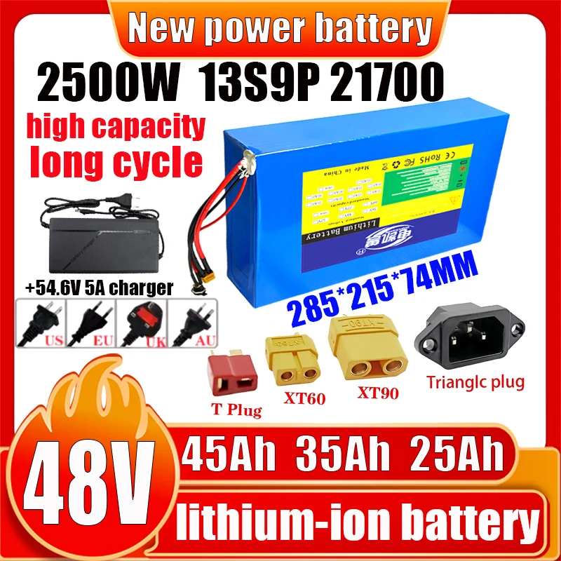

48V lithium-ion battery pack 45Ah 35Ah 25Ah 15Ah built-in BMS 21700 1500W 2000W 2500W Electric tool bicycle rechargeable battery