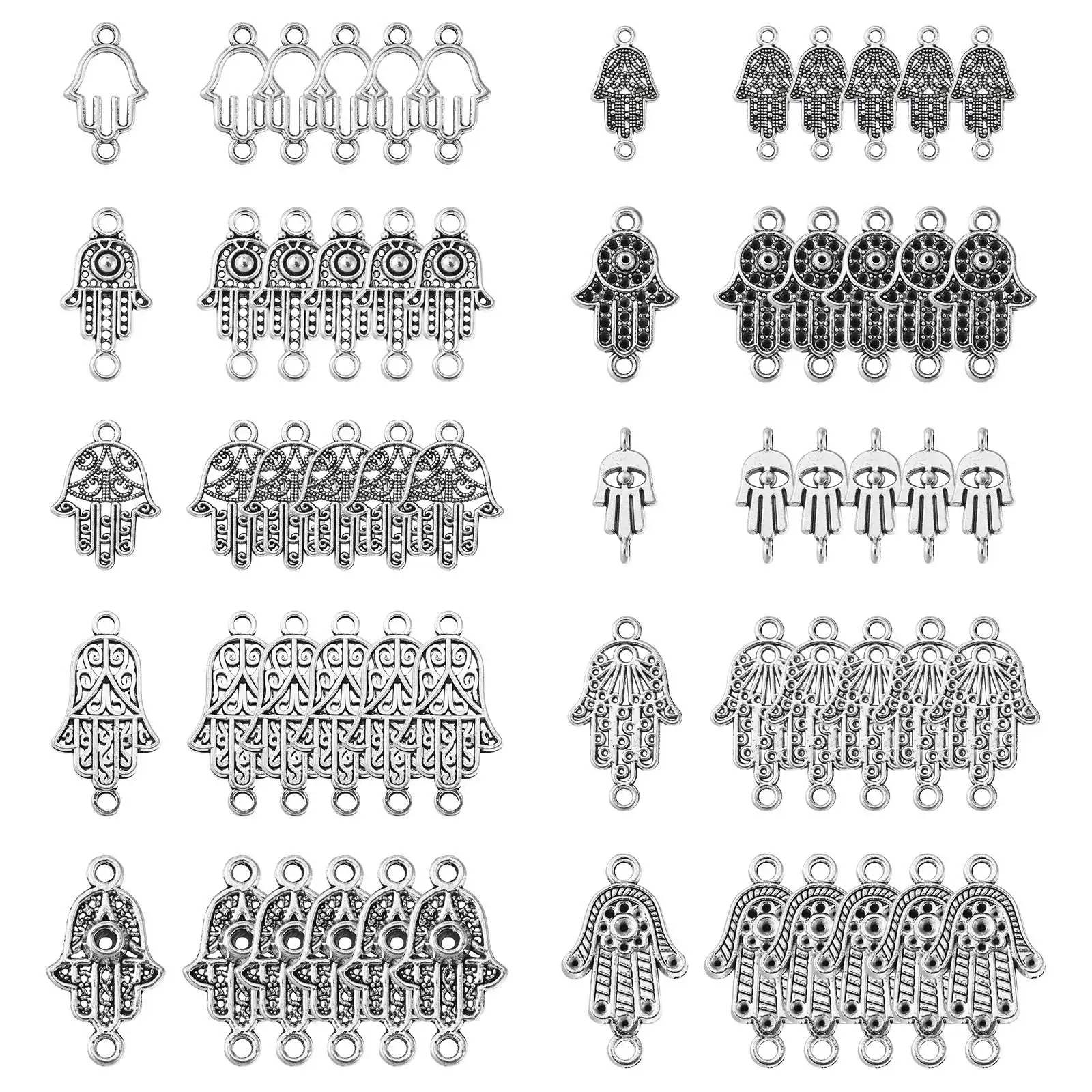 

100Pcs 10 Styles Tibetan Style Religious Link Charms Hand Shape Connectors Hamsa Hand Evil Eye Connector for Jewelry Making