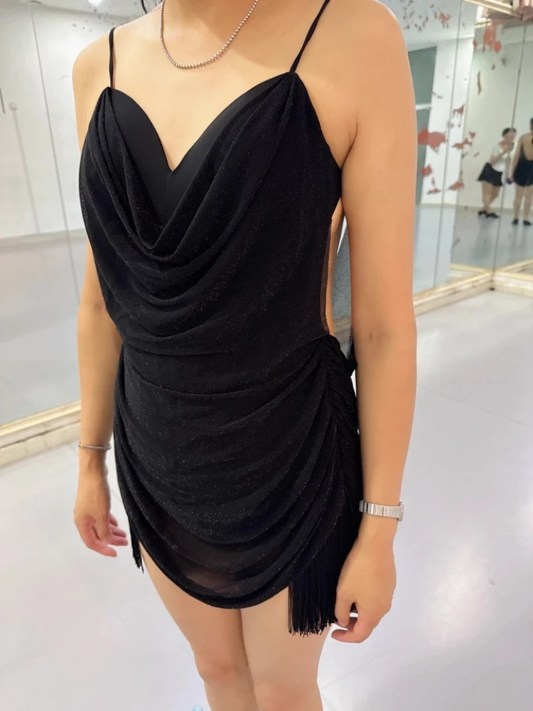 

Сексуальное платье для латинских танцев с открытой спиной, дизайн с кисточками, женская ткань для латиноамериканских танцев, костюм для танго живота, короткая юбка