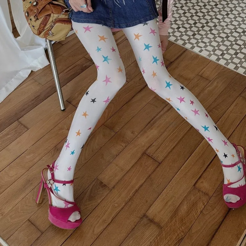 Y2K Colorful Star Print White Velvet Sheer Tights for Women Girls, Stretch Full Length Pantyhose Kawaii Street Daily Leg Hosiery