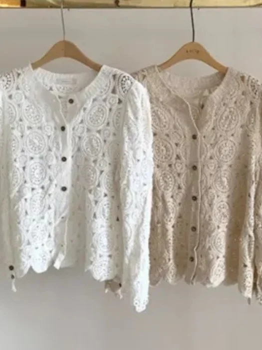 Chic Vintage Ethnic Sle round Ne Hollow out Long Sve Knitted Open Cardigan Women's Faion Spring n Loose Fit