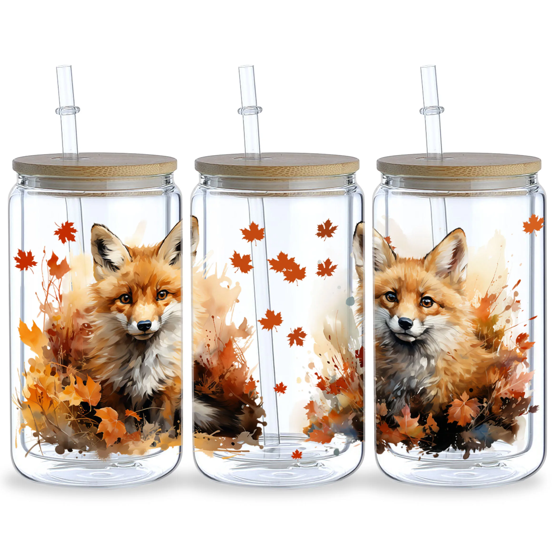 5 Sheets Fox UV DTF Mug Stickers, Glass Sports DTF Transfer Stickers, Waterproof Cute Fox Wipe-On Transfers for 16 oz Glass,Mugs