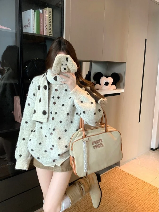 

plus Size Knitted Long Sleeve Polka Dot Sweater Lazy Style Loose Fit Autumn Winter New Arrival Women's Korean Style Top with ...
