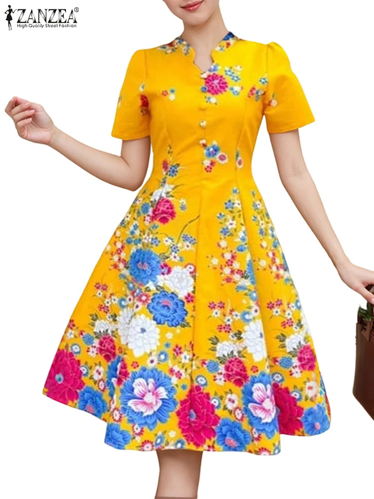 ZANZEA 中国風花柄プリントドレス女性の夏のサンドレスオフィスレディース半袖ローブ 2025 ヴィンテージカジュアル Vestidos