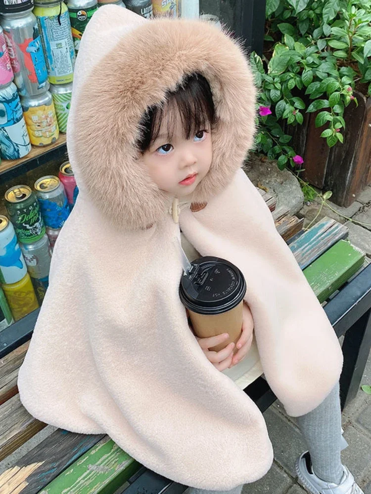 Girls Cashmere Outerwear Trench Children Winter Shawl Cloak Baby Toddler Girl Coats Pink Velvet Cloak Jacket Thick Kid Clothing