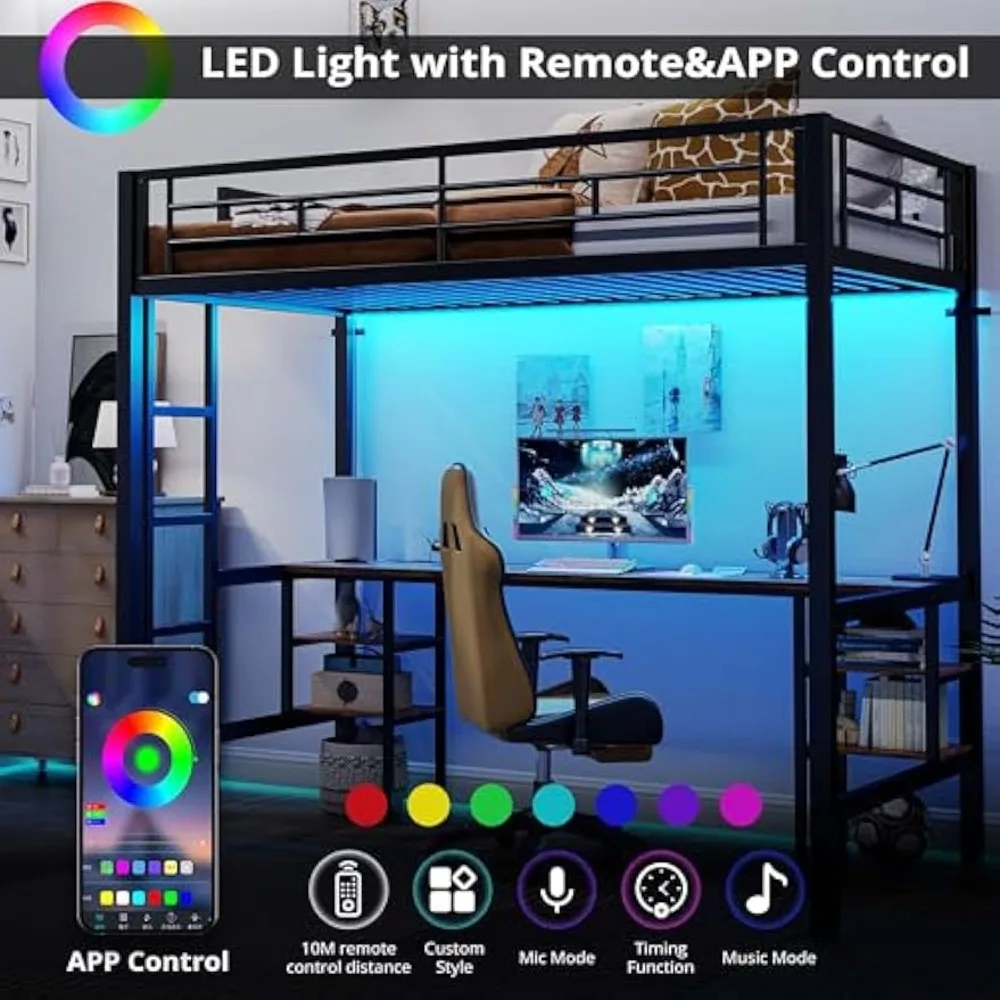 سرير علوي معدني مزدوج الحجم مع مكتب، 4 أرفف تخزين، مخرج طاقة، أضواء LED، وسكة أمان