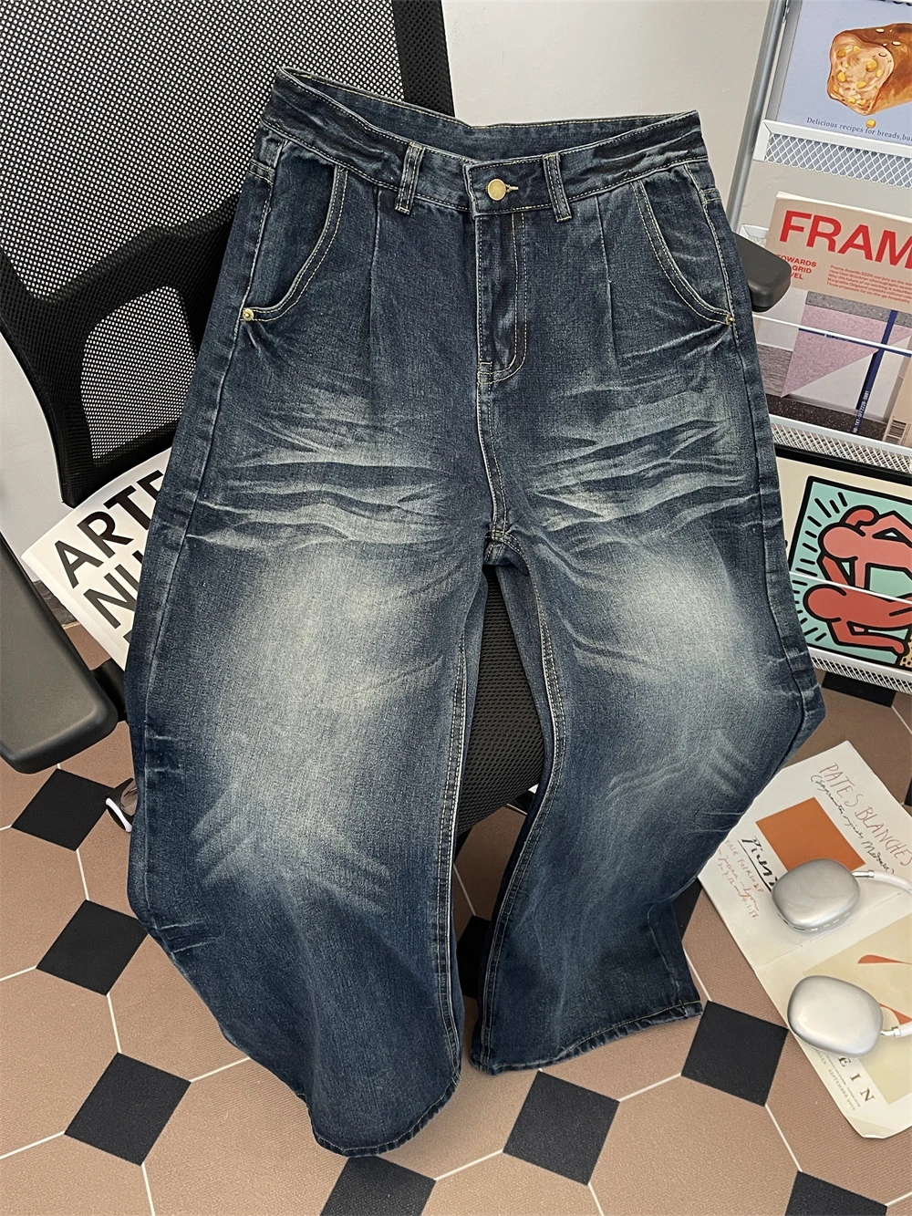 남성용 하이 스트리트 워싱 진, 아메리칸 패션 레트로 루즈 데님 팬츠, 가을 캐주얼 디스트레스드 와이드 레그 트라우저