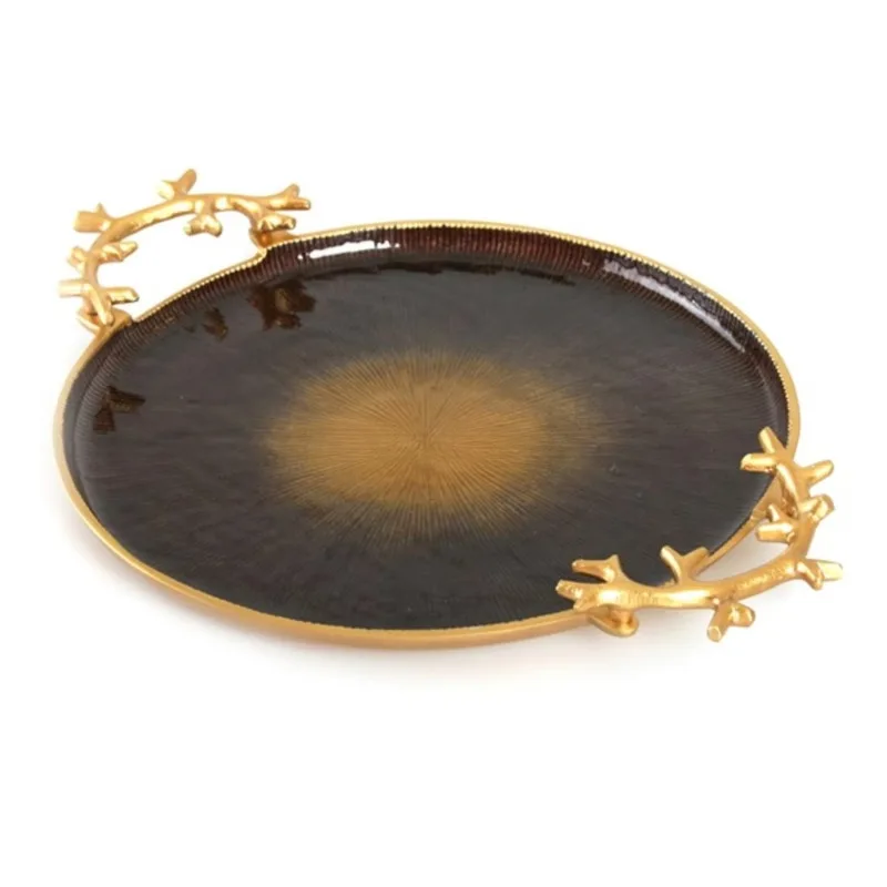 Aluminum gold tray set with decorative leaves and pomegranate handle for rectangular platters for families and parties