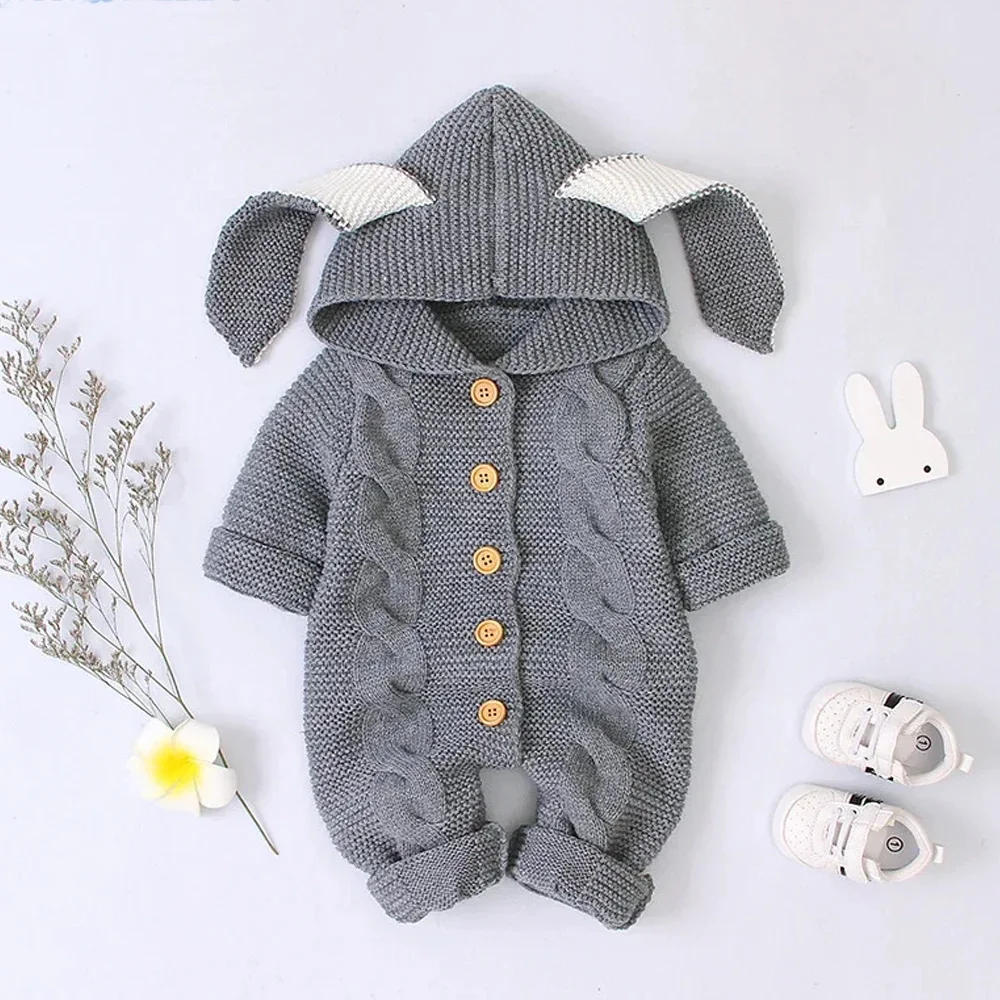 Spring Autumn Baby Romper Infant Bunny Ears Hooded Onesie Toddler Boy Girl Knitted Jumpsuit Solid Rabbit Button Pajamas Homewear