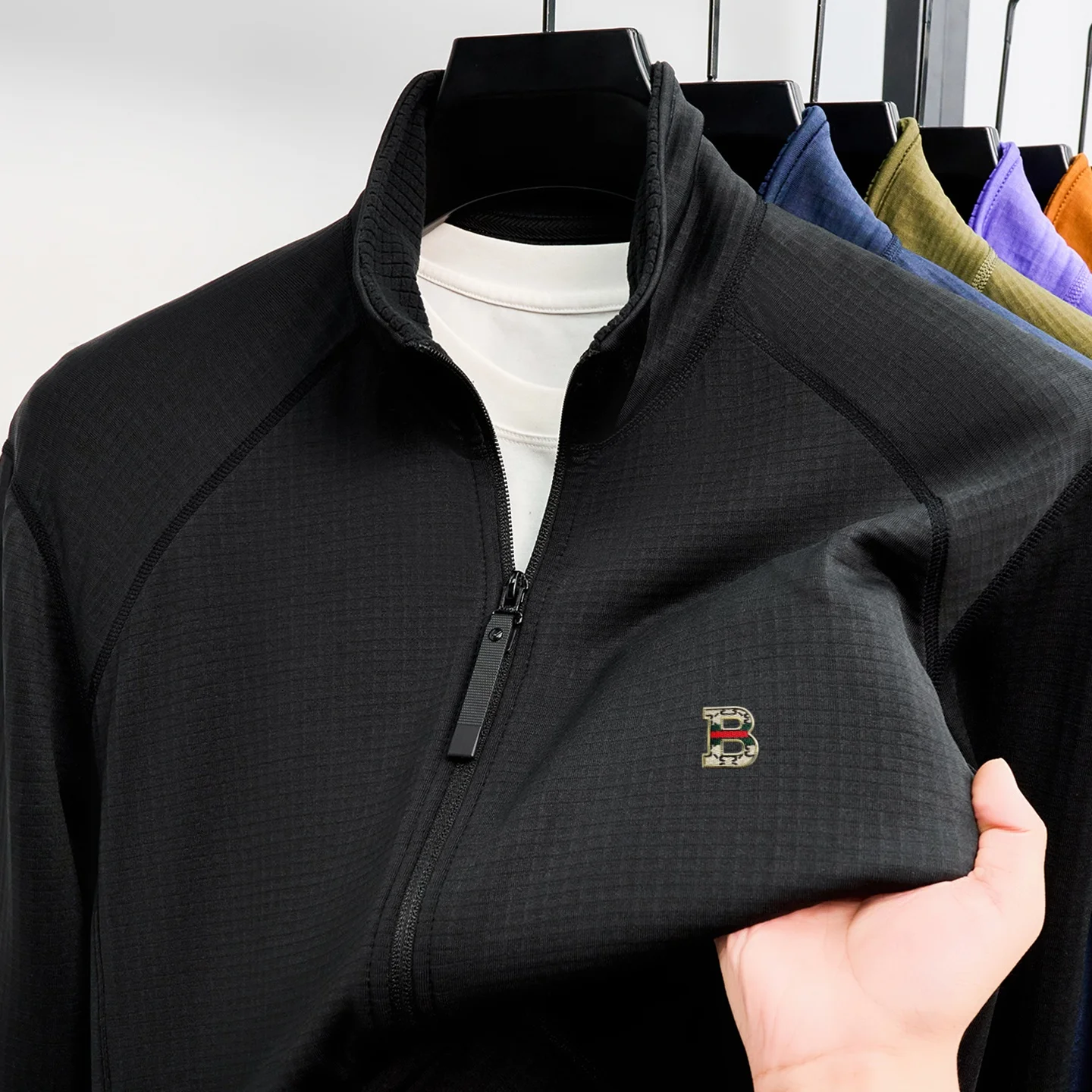 Fashion Brand Men's stand collar jacket high-end new B-shape letter embossed luxurious soft comfort pocket casual zipper coat