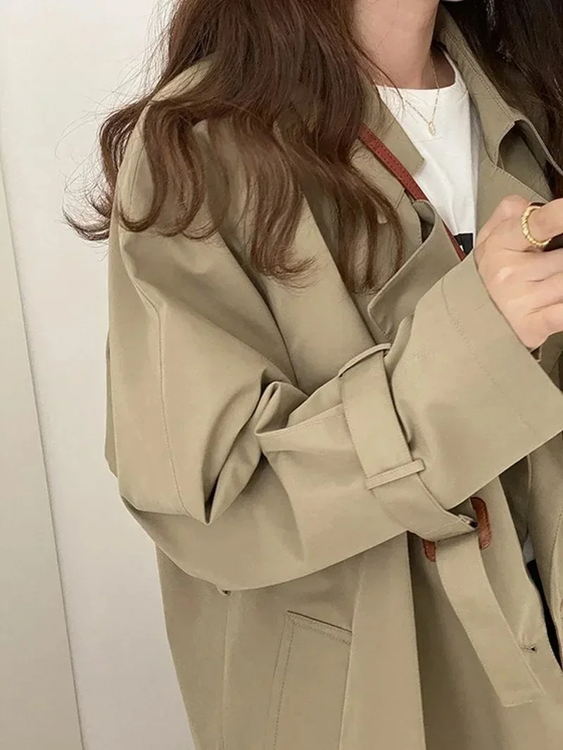 England Style Short Trench with Belt Women Fashion Lapel Double Breasted Blazers Spring Autumn Solid Colors Lapel Chic Thin Coat