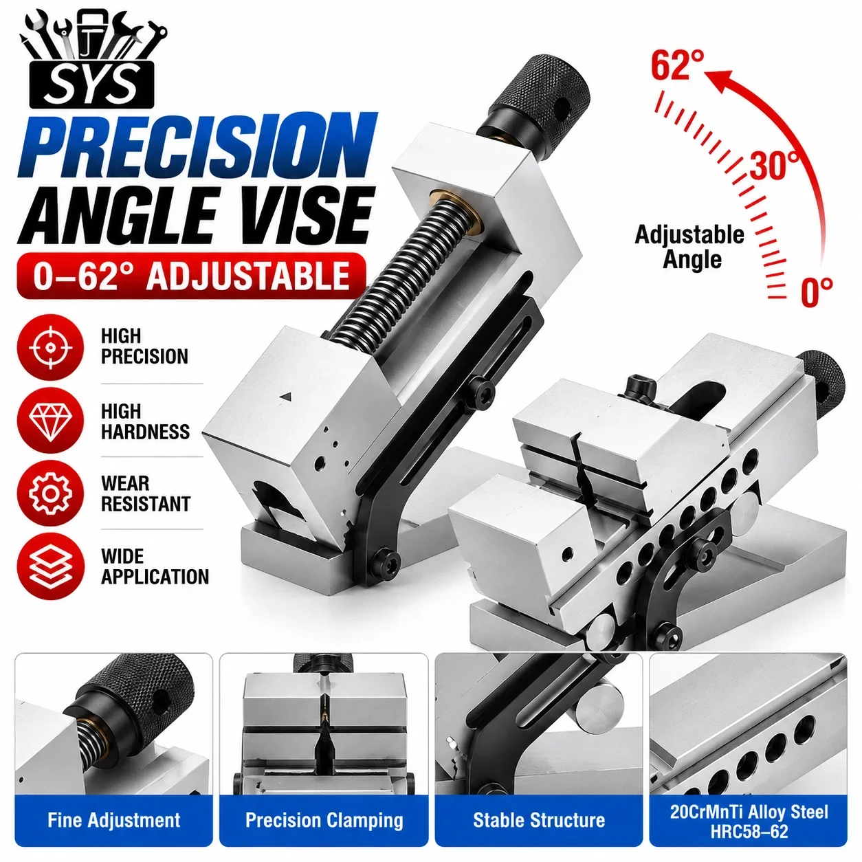 Universal Precision Vise 60° Rotary Adjustable Angle Quick-Action Sine Tilting Flat Jaw Vice for Grinding Machine Manual Tool