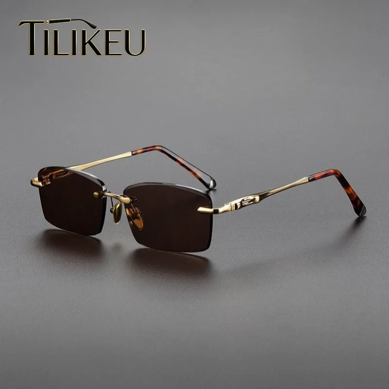 

2026 New Alloy Brown Crystal Glass Sunglasses Classic Men Square Anti-Scratch Frameless Cut-edge Stone Rimless Sun Glasses UV400