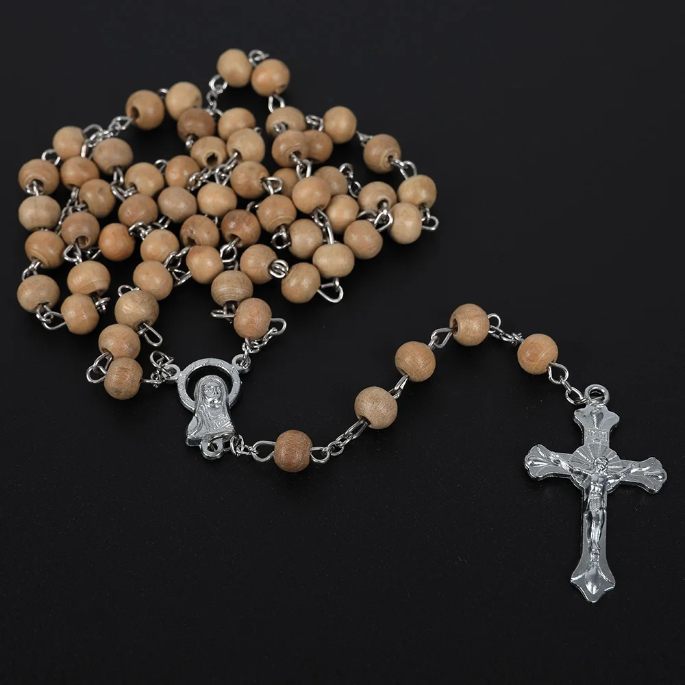 Wooden Religious Rosary Necklace For Women Men 6MM Wood Beads Long Y Chain Crucifix Cross Pendant Prayer Party Jewelry