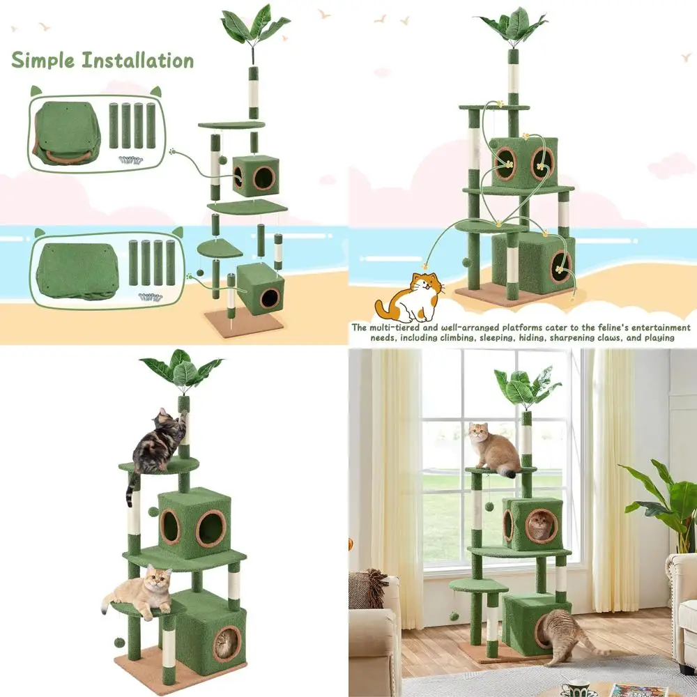 

Двухуровневый зеленый кошачий комплекс с просторной платформой, 4 столбиками для царапания и игрушками-мячиками для игривых котят