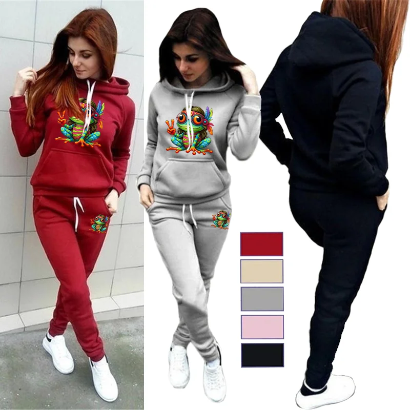 

Женская осенне-зимняя толстовка с капюшоном на бедрах, уличная повседневная толстовка с капюшоном с мультяшным принтом лягушки + спортивные штаны, комплект из двух предметов