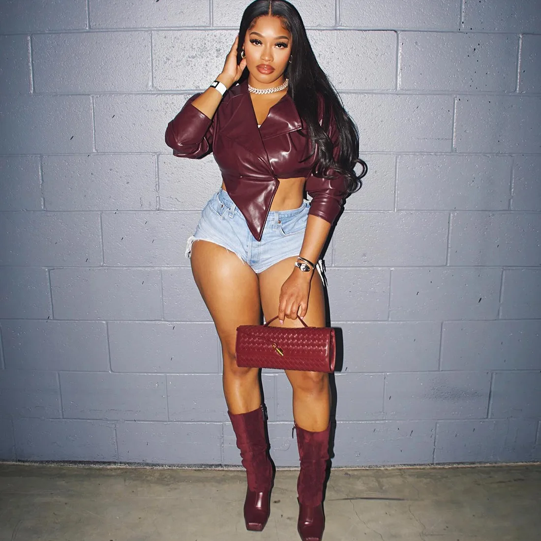 Burgundy Faux Leather Cropped Blazer for Women Oversized Lapel Asymmetric Hem Single Button Jacket Edgy Chic Night Out Party Top