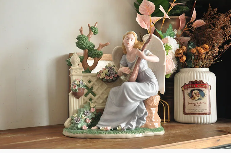 Ceramic Handicrafts Garden Playing Piano Girl Sculpture Porcelain Angel Girl Figurines Ornaments Home Decorations Birthday Gifts