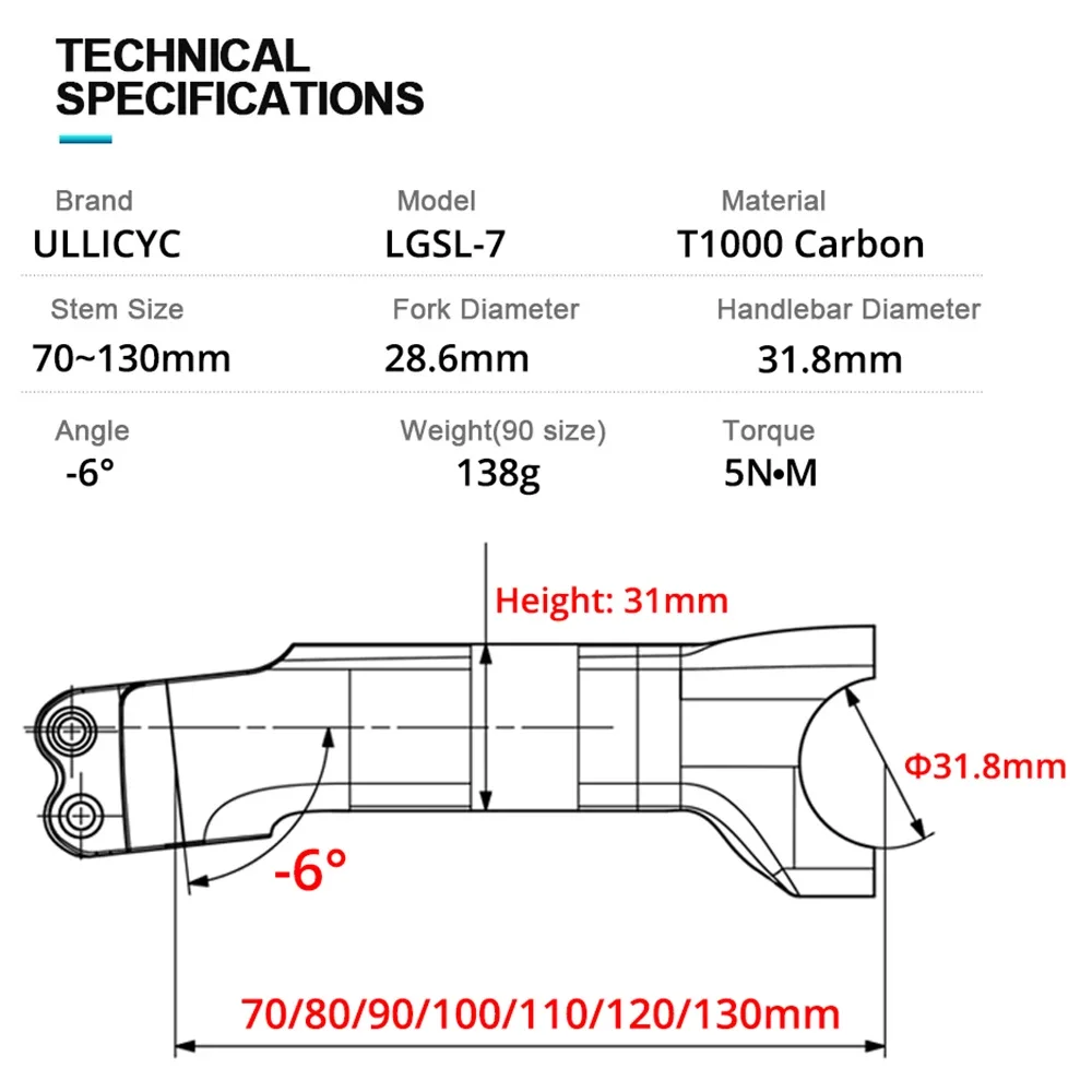 Full Carbon For SL7 Bicycle Stem -6°,Road Bike Handlebar Stems 70/80/90/100/110/120/130mm,Fork Steerer Diameter 28.6mm,Matte - Image 2