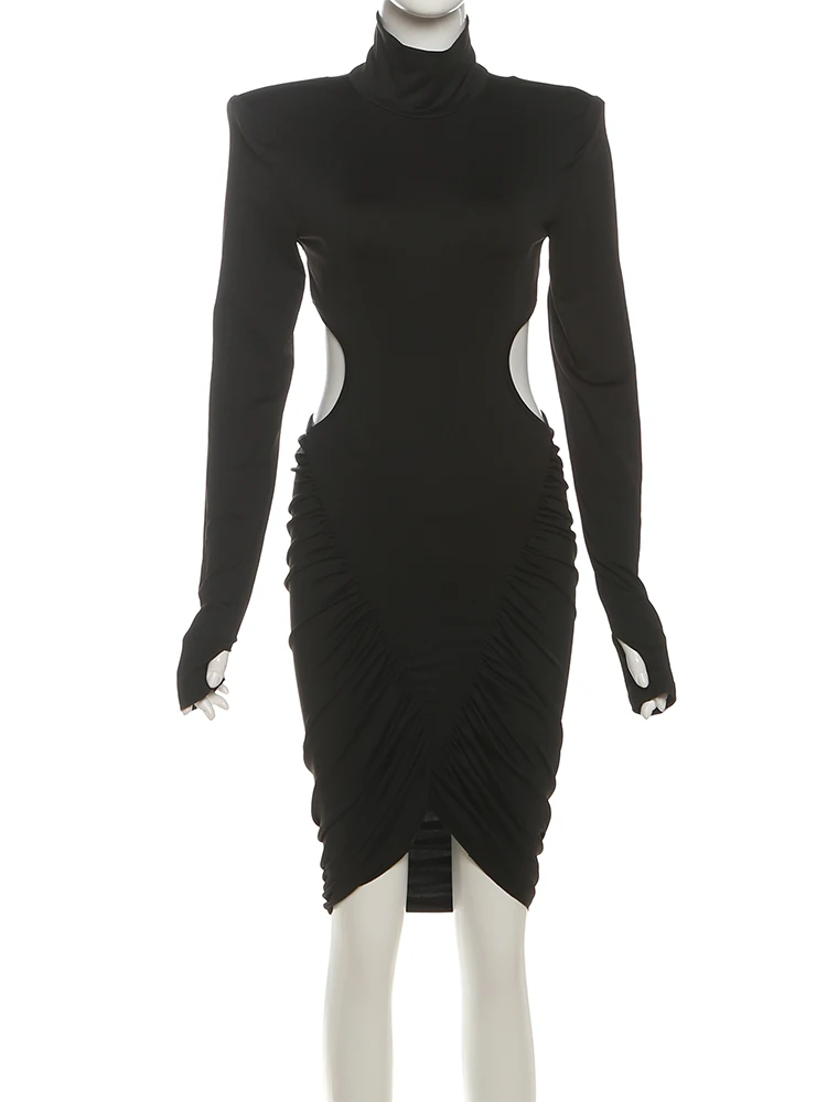 Sisterlinda Geraffte Elegante Kleid Frauen Herbst Rollkragen Volle Hülse Hohl Tailleless Backless Straße Sexy Mode Mini Bodycon