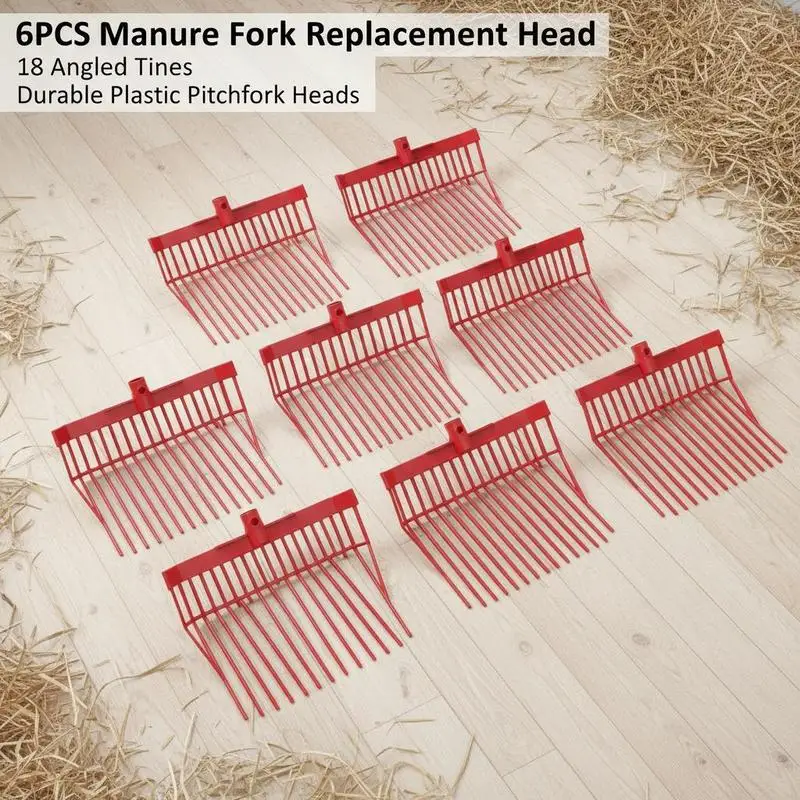 

6PCS Manure Fork Replacement Head, 18 Angled Tines Horse Manure Fork Head, Durable Plastic Pitchfork Heads, Horse Mulch Rake for Picking up Stable Stall Muck Grass Hay Cleaning Farm Work