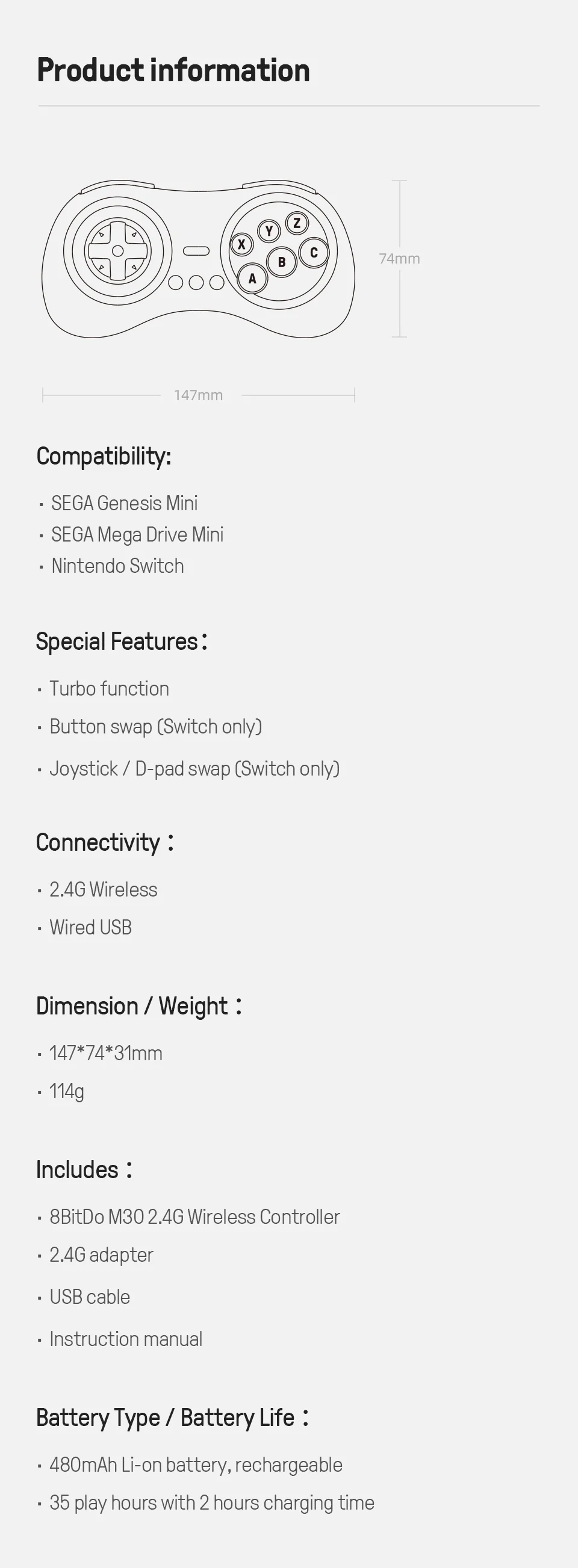 8Bitdo M30 2,4G Mini Gamepad Game Controller für Sega Genesis Mini und Mega Drive Mini Spielkonsole Spiel Zubehör – Detail 4