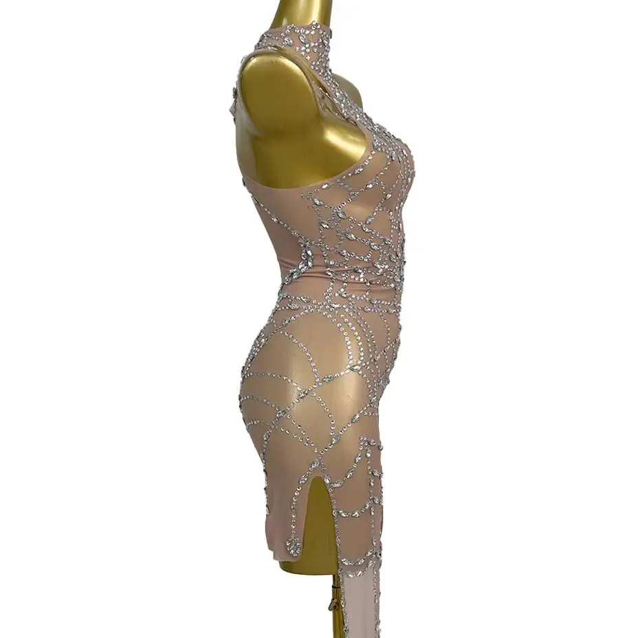 

Women Sparkly Rhinestone Mesh See Through Crystal Diamond Dress Sexy Evening Party Nightclub Dress Singer Stage Outfit Zhuwang