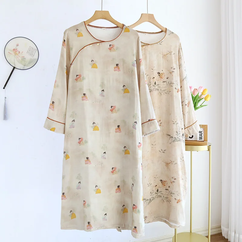 New Chinese Style Ancient Style Sleeping Dress For Women Spring Summer Thin Chinese Style Hanfu Long Loose Fitting Home Dress