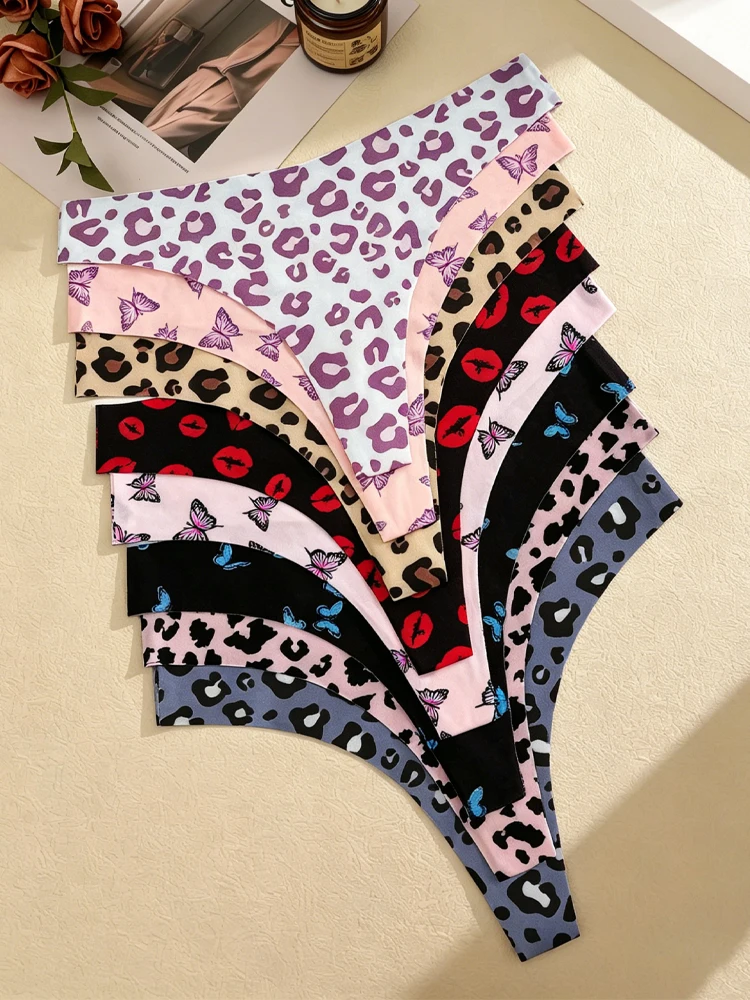 FINETOO 5Pcs Ultra-thin Graphic Print Thongs For Women Sexy Ics Silk Stretch Panties Underwear Leopard G Strings Bikini Lingerie - Image 4