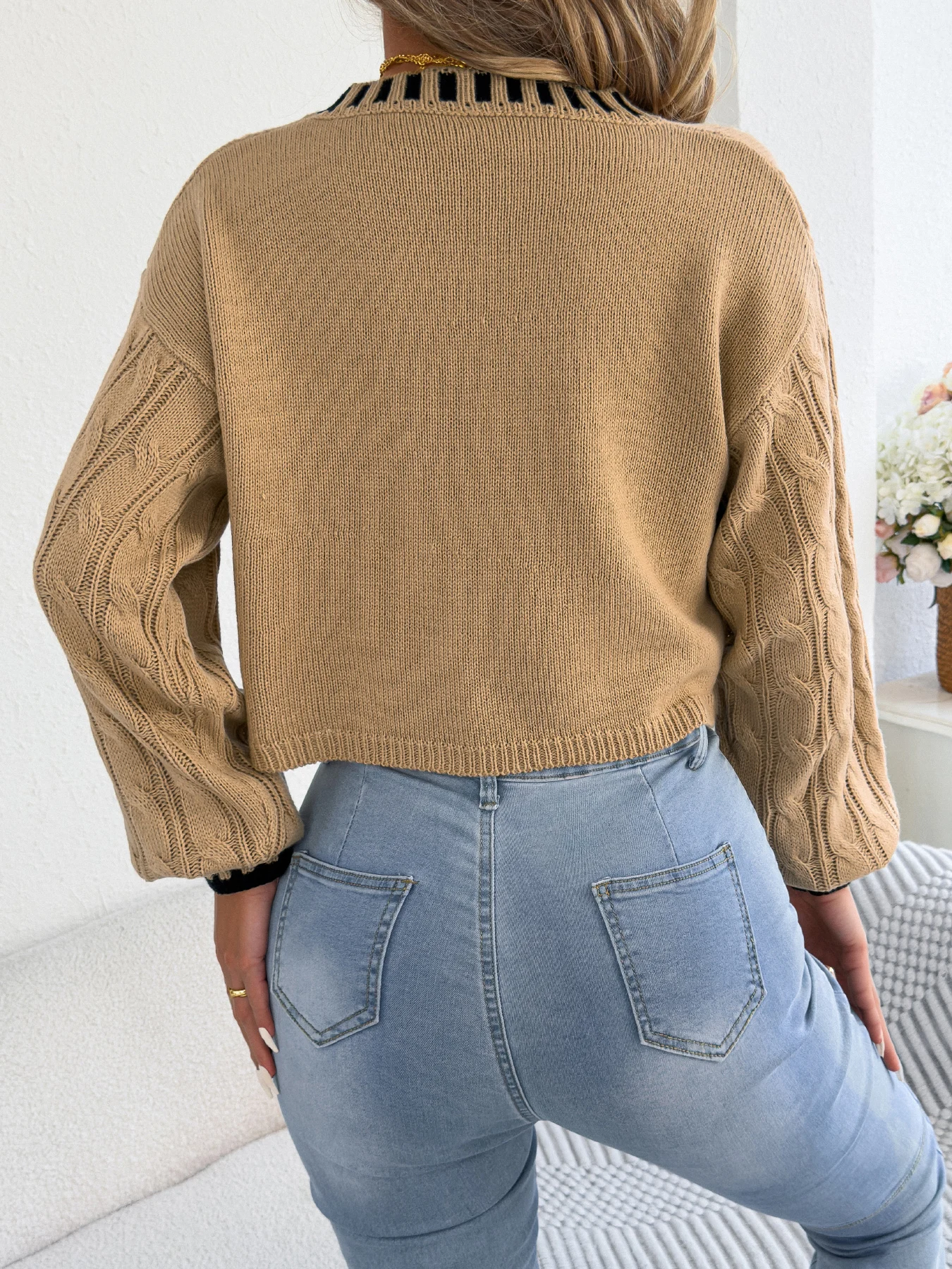 Colorblock Distressed Crew Neck Long Sleeve Pullover Sweater Casual Fall Winter