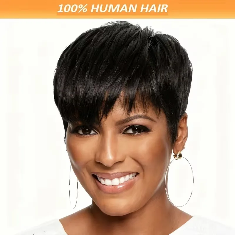 

Короткий парик из натуральных волос в стиле пикси, черные прямые волосы с челкой, сетка-основа из розового материала, полностью машинного изготовления, подходит для всех этнических групп.