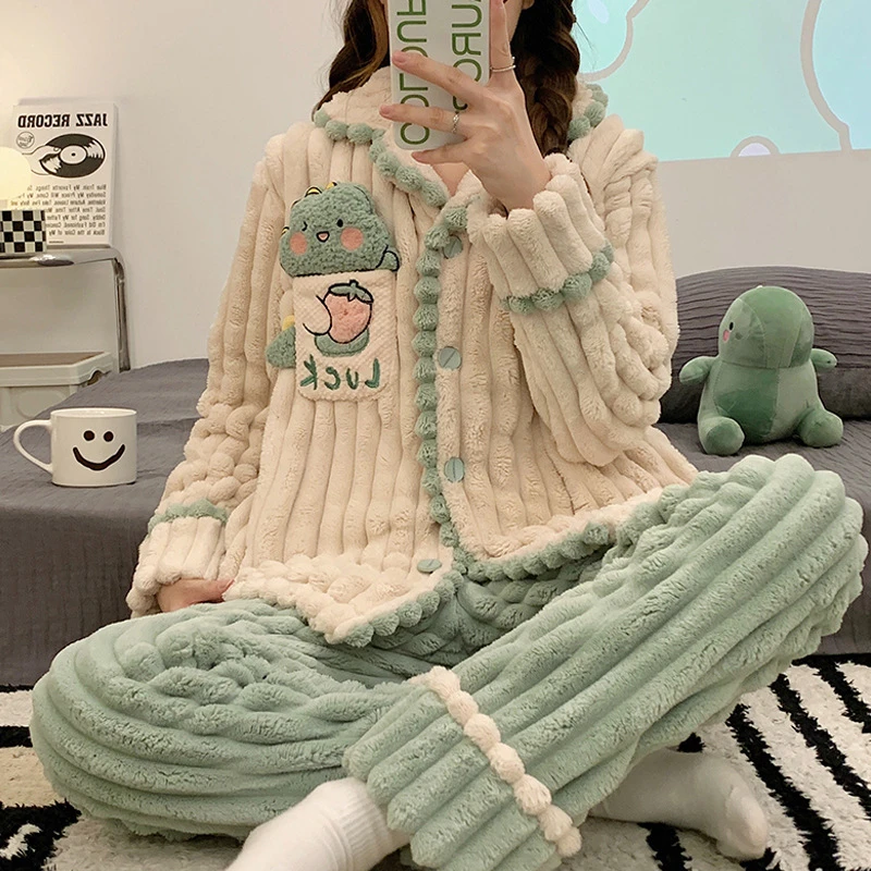 

Women Pijama Sets Cartoon Dinosaur Extra Warm Fleece Pajamas Set Long Pants Pyjamas Winter Girls Thick Sleepwear Homewear Suit