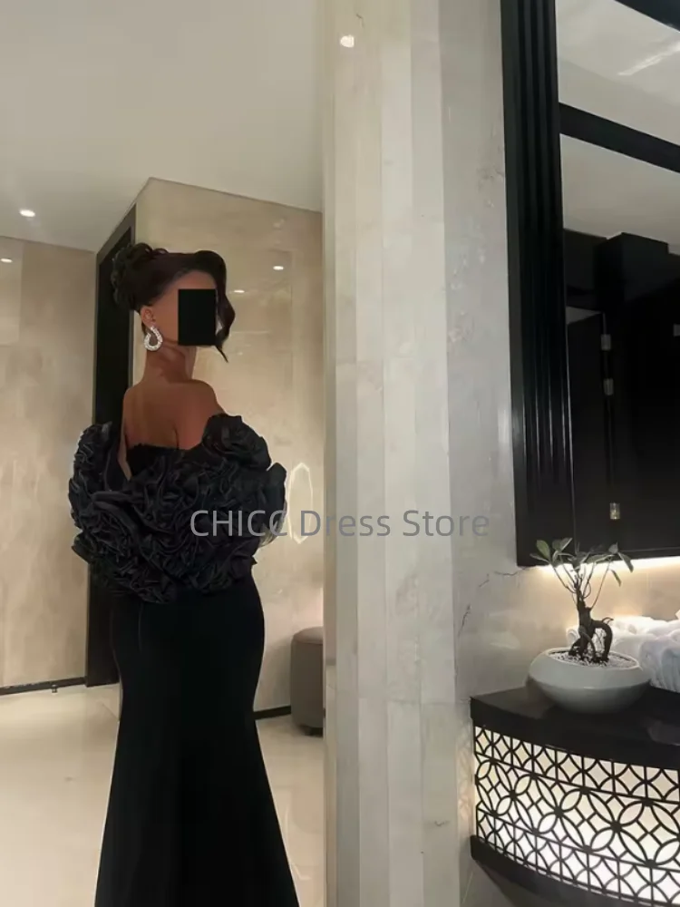 Arabic Evening Dresses Sweetheart Black Mermaid Prom Dress Flower Sleeves Women Party Gown Customized فساتين سهرة