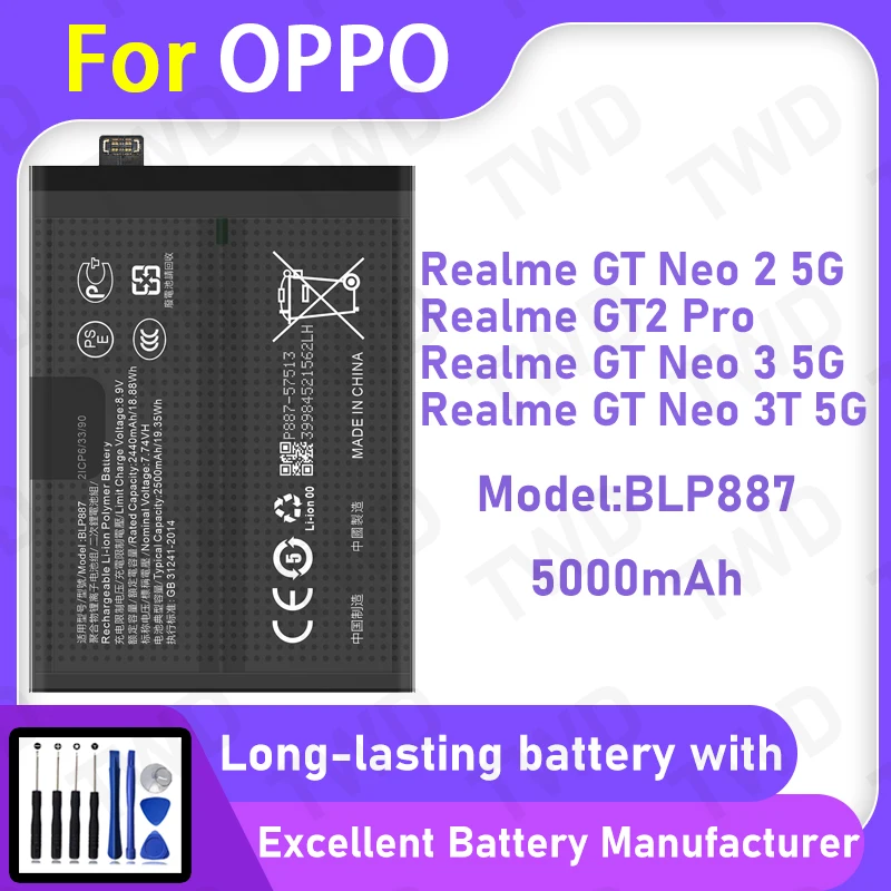 

5000mAh BLP887 Battery For OPPO Realme GT Neo 2 5G/Realme GT2 Pro/Realme GT Neo 3 5G Replacement Bateria+Free Tools
