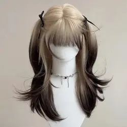 Layered Ombre Blonde Black Synthetic Long Straight Wig Women Fluffy Cosplay Wig with Bangs for Lolita Daily Party